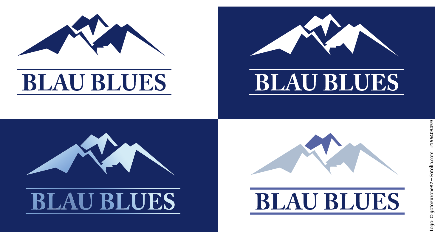 Ein blaues Logo in Varianten